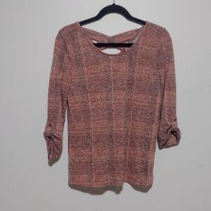 Bobeau Soft Knit 3/4 Button Sleeve Top Pink Purple Heathered Plaid MT2K8N Med